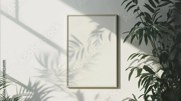 Fototapeta Minimalist poster mockup hanging on a white wall, illuminated by natural light and shadows of plants, creating a clean and modern interior design atmosphere.