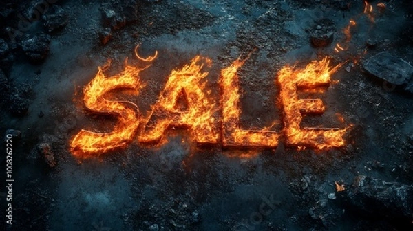 Fototapeta Captivating image of a SALE sign burning intensely on rocky terrain, surrounded by a dark atmosphere. The image conveys urgency and strong promotional themes, perfect for marketing campaigns, sales