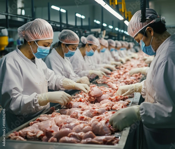 Obraz Chicken leg meat processing plant with workers
