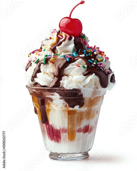 Fototapeta A giant ice cream sundae topped with whipped cream, sprinkles, hot fudge, and a cherry on top.