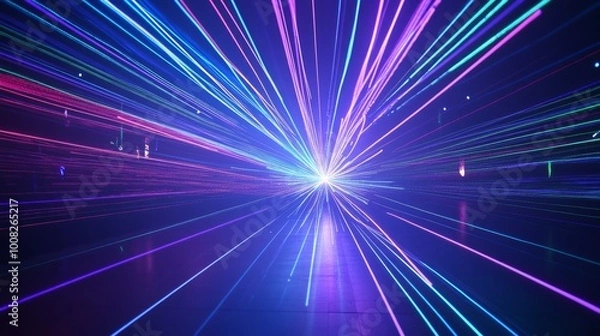 Fototapeta Bright, colorful laser beams radiate from a central point, creating a stunning display of light and motion. The image highlights the beauty and energy of modern lighting effects in a dark, atmospheric