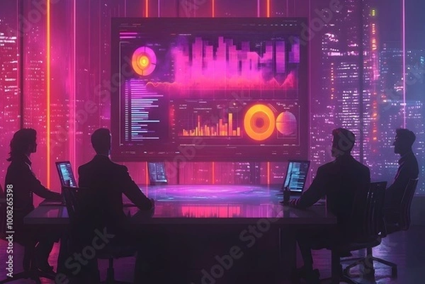 Fototapeta Futuristic Business Team Analyzing Data Visualizations in Neon Cityscape