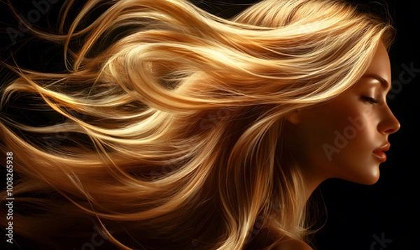 Fototapeta A beautiful woman with long, flowing blonde hair that is shiny and smooth, a black background, Conceptadvertisement for a hair salon or spa, Generative AI