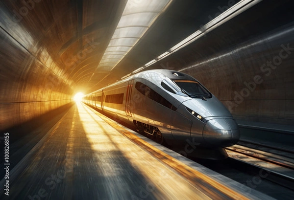 Fototapeta White High speed train in tunnel. Transportation. Generative AI