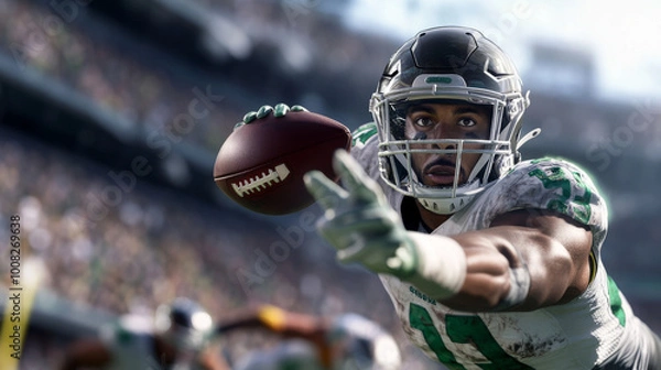 Obraz A football player catching a pass mid-air, with defenders running to intercept, set against a stadium backdrop.