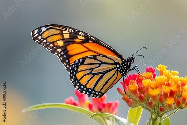 Fototapeta A detailed portrait of a Monarch butterfly with its iconic orange and black wings
