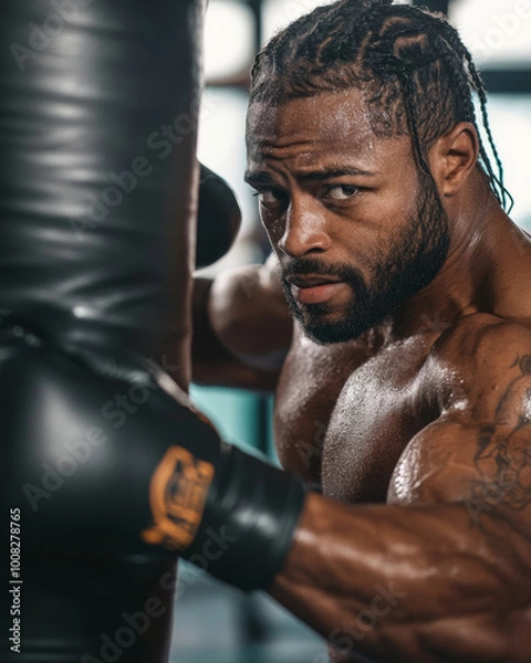 Fototapeta A boxer in a gym hitting the punching bag, focusing on strength training and technique.
