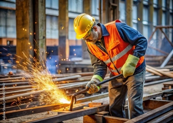 Fototapeta Worker in safety gear cutting old metal beams with a torch for recycling at a construction site