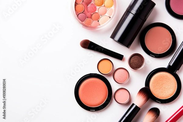 Fototapeta Makeup testing space with professional products and a variety of shades for all skin types, including blush