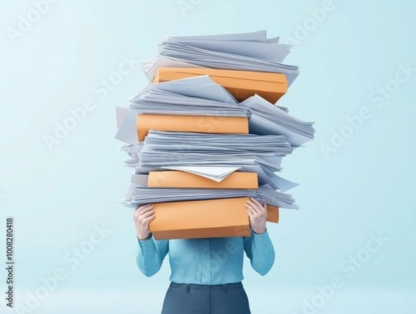 Fototapeta A person struggling to carry a large stack of papers and files, representing workplace stress and overwhelming tasks.