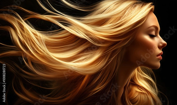 Fototapeta A beautiful woman with long, flowing blonde hair that is shiny and smooth, a black background, Conceptadvertisement for a hair salon or spa, Generative AI