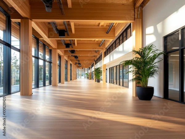Fototapeta A modern mass timber office building with large open spaces and natural light streaming through windows.