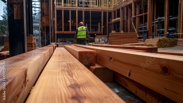 Obraz A large-scale mass timber construction site, with rows of wooden beams and panels being assembled.