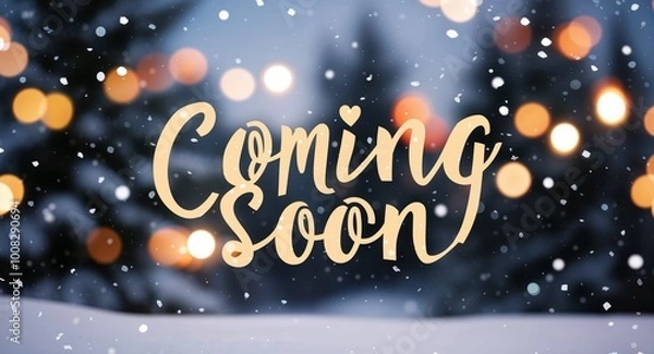 Obraz coming soon lettering on winter snow holidays blurred lights bokeh background