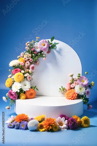 Obraz White round podium with smooth surface adorned with circular back panel and colorful flowers in orange, pink, purple, and yellow against blue background. Floral product display background 