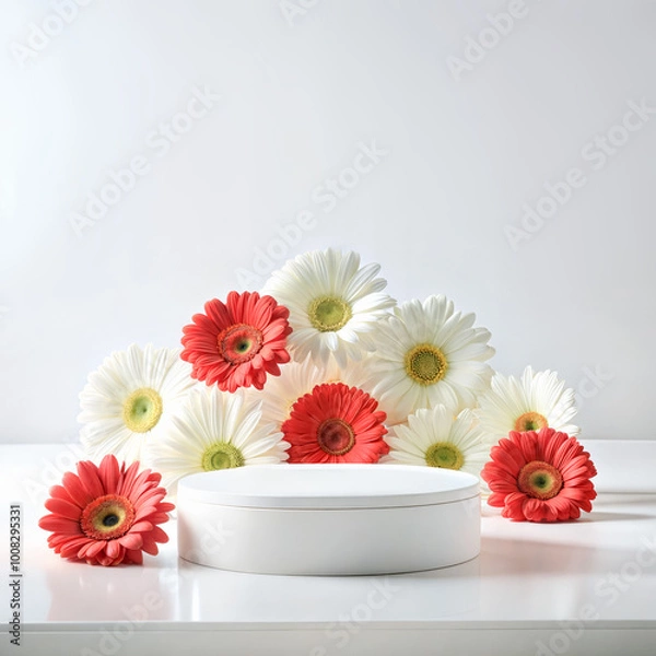 Obraz White round low podium with smooth surface surrounded by red and white gerberas flowers against light grey background. Minimalist floral-themed product display background with copy space