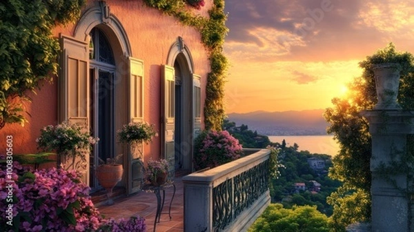 Fototapeta A scenic balcony with a view of the sunset over a distant city.