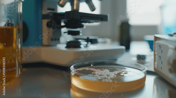 Fototapeta Close-up of petri dish with diverse strains of gut bacteria, highlighting the significance of gut health and microbiome diversity.