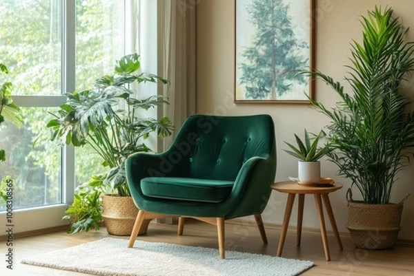 Fototapeta Design of a cozy reading corner with a dark green accent chair