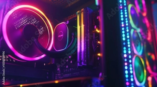 Fototapeta High-end gaming PC case with clear tempered glass, RGB lighting inside, showcasing premium components for an immersive experience