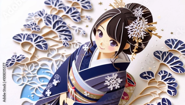 Obraz 着物 切り絵 イラスト