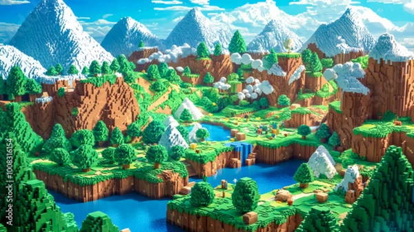 Obraz Pixel art style video game environment showing a lush green landscape with mountains and a lake