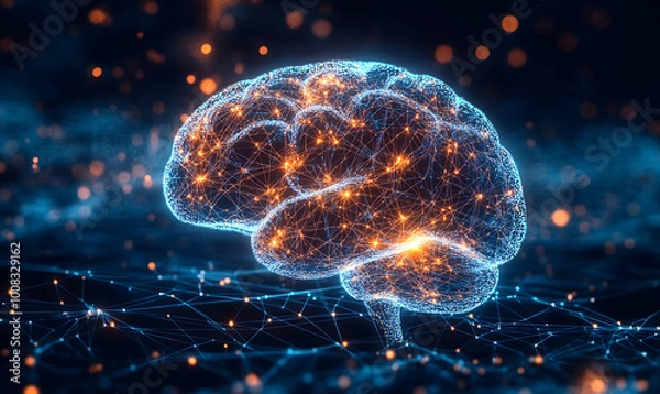 Fototapeta Illustration of a human brain with glowing neural connections and nodes, Concept symbolizing artificial intelligence and neurological networks, Generative ai