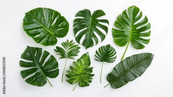 Fototapeta A vibrant collection of various green leaves arranged artfully on a white background, showcasing their unique shapes and textures.