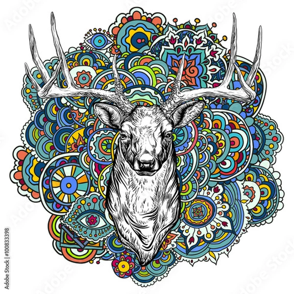 Obraz  Horned deer with colored ornament. 