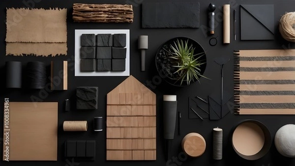 Obraz Flat lay composition of creative black architect moodboard with samples of building, textile and natural materials and personal accessories. Top view, black backgroung, template.