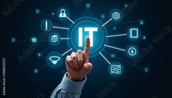 Fototapeta Hand Pointing at IT Icon With Technology Symbols on Digital Background for Technology Promotion