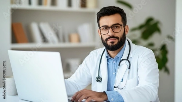 Obraz Male doctor working on laptop, consulting with patient in a doctor's office