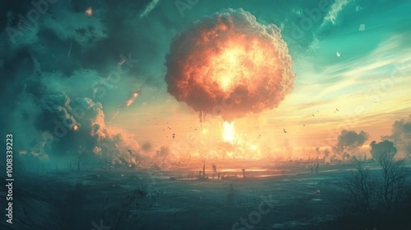 Fototapeta A large mushroom cloud rises into a teal sky, a post-apocalyptic landscape stretches out below.