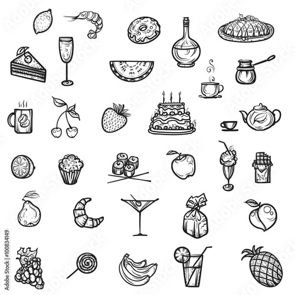 Obraz  Icons snacks, fruit and dessert.