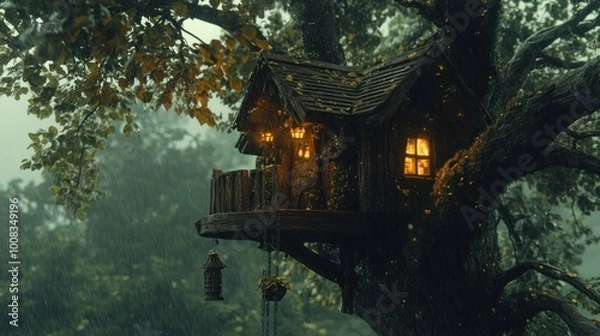 Fototapeta A cozy treehouse with warm lights inside, nestled amidst branches in a rain-drenched forest.