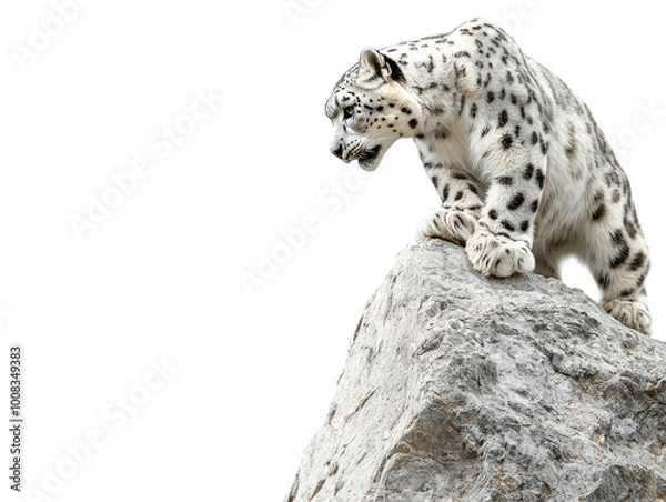 Fototapeta Snow leopard perched on rocky outcrop, looking fierce, white isolated background
