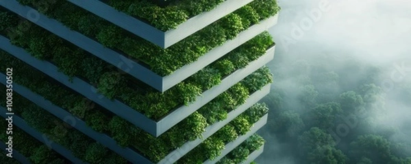 Fototapeta Modern green architectural design with vertical gardens on a foggy day.