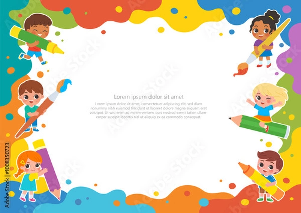 Obraz Cover or flyer template with kids draw big art together with large art supplies on abstract color paint texture. Art kids. Painting poster design. Template for advertising brochure.