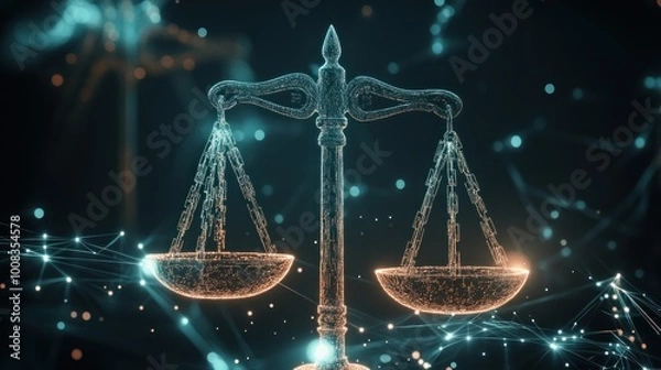 Fototapeta Abstract glowing scales of justice with a digital network backdrop.