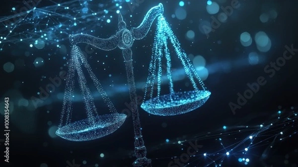 Fototapeta A digital rendering of a scale of justice made of glowing blue particles on a dark blue background.