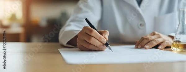 Fototapeta A hand in a lab coat writing on a research paper, with a microscope and test tubes in the background. Bright lighting, clean white background.