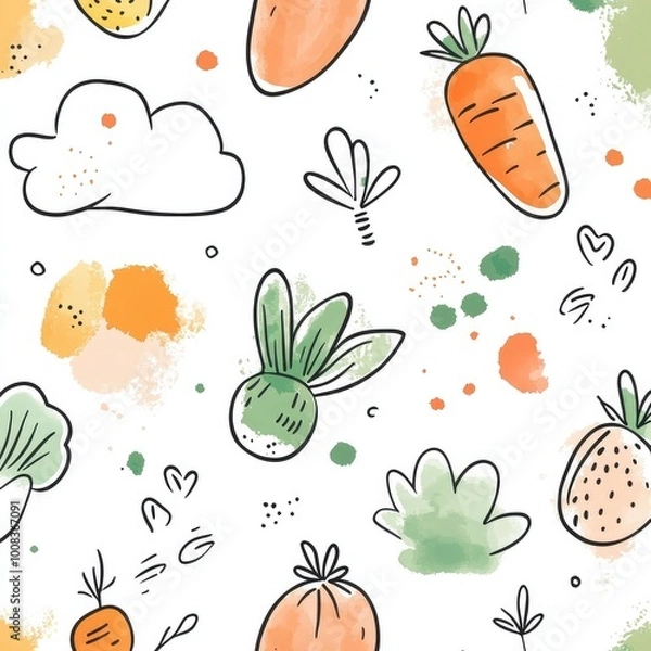 Fototapeta Hand-Drawn Cute Vegetables, Burrows, Flowers, and Clouds Seamless Pattern for Nursery