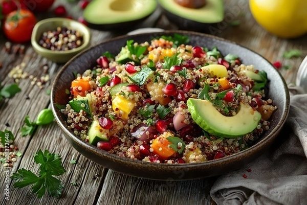 Fototapeta A Vibrant Quinoa Salad With Roasted Vegetables, Avocado Slices, Pomegranate Seeds, Lemon Tahini Drizzle On A Wooden Table, Healthy Food Photography, Food Healthy Menu Style Photo Image