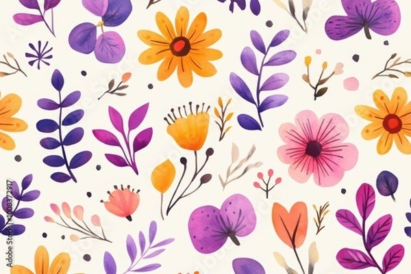 Fototapeta Colorful floral pattern with vibrant spring flowers leaves