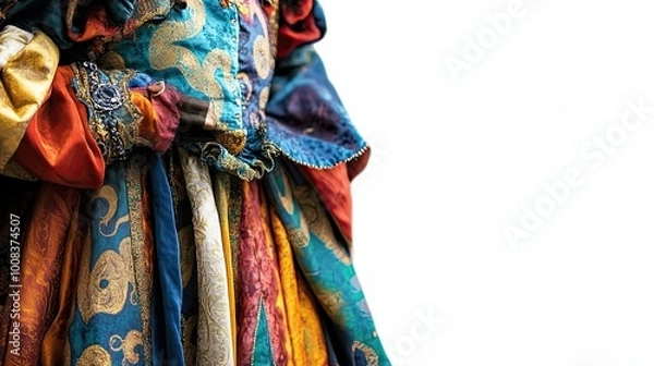 Fototapeta Close-up of a Colorful, Ornate Fabric with Gold Embellishments