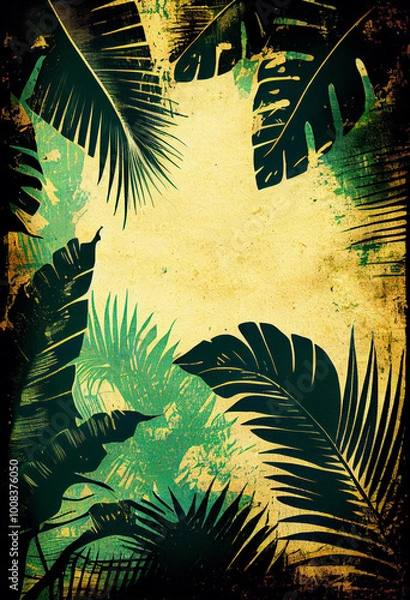 Fototapeta Tropical grunge background featuring palm leaves, ideal for travel or vacation-themed design projects. Image evokes sense of adventure and can be used in marketing materials or social media graphics