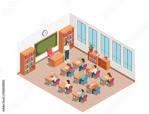 Obraz Detailed isometric classroom with desks, chairs, and a chalkboard. Cartoon characters design. Teaching process with adult teacher and students sitting at desks. Vector illustration