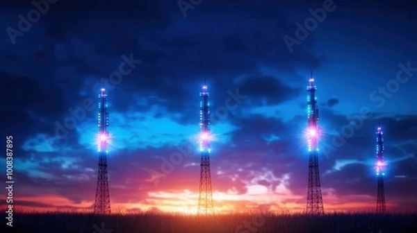 Fototapeta Illuminated radio towers against a breathtaking sunset with vibrant blue and orange sky.