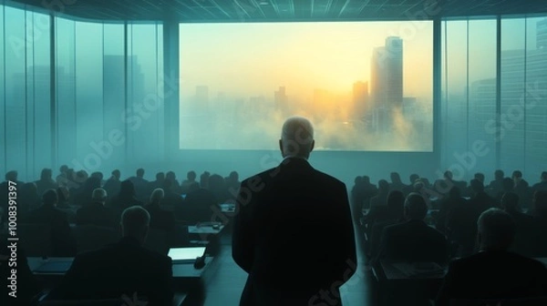 Fototapeta Business Presentation Over Cityscape at Sunrise