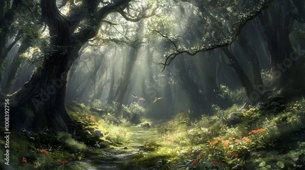 Fototapeta Enchanted forest with sunlight filtering through trees and flowers.